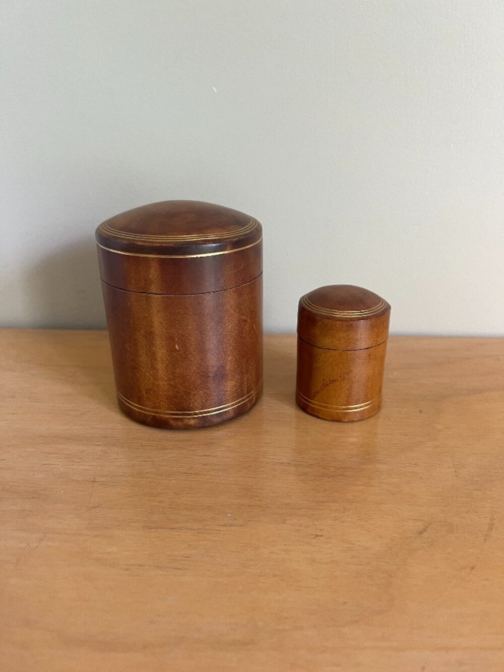 Vintage Tan Leather Cigarette and Match Jars